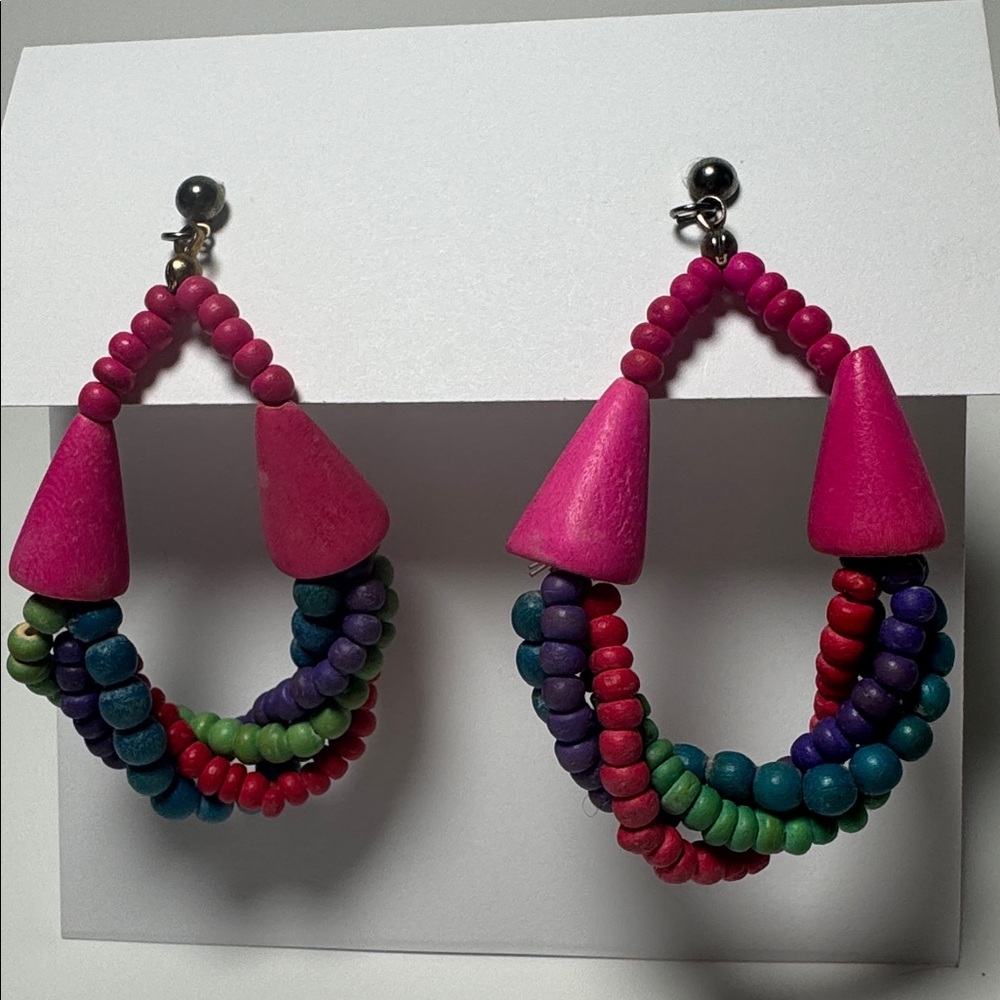 Vintage Stud Earrings Pink and Multicolor Wood Beaded Earrings 90's - Picture 3 of 4